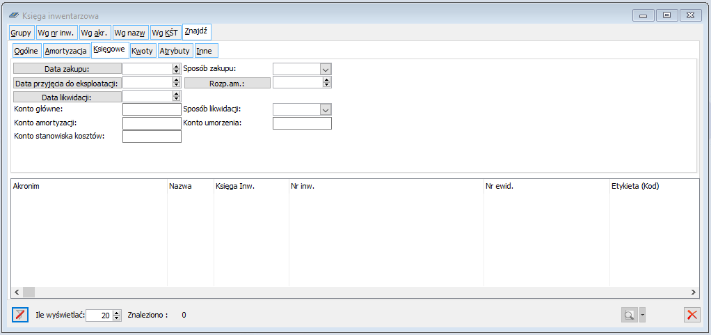 Księga inwentarzowa, zakładka: Znajdź/Księgowe