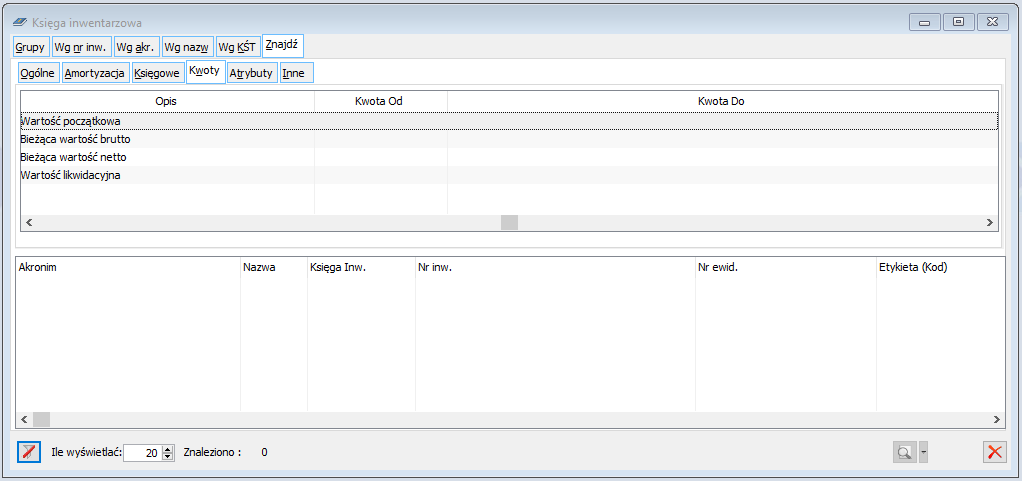 Księga inwentarzowa, zakładka: Znajdź/Kwoty