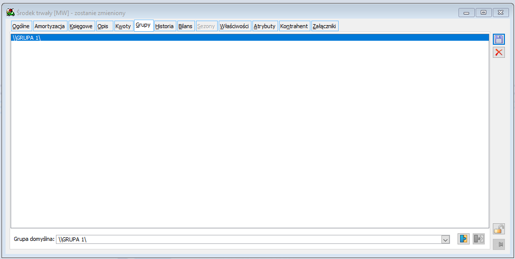 Środek trwały, zakładka: Grupy.