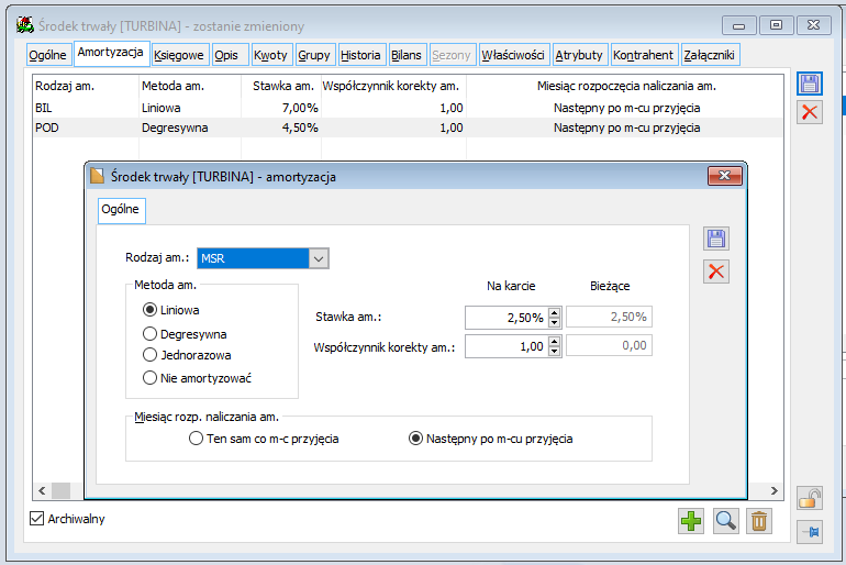 Środek trwały, zakładka: Amortyzacja.