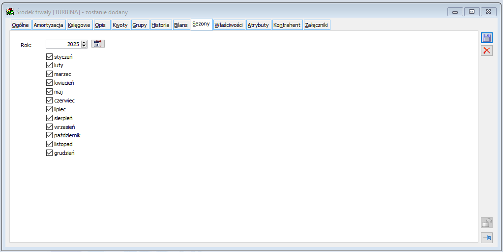 Środek trwały, zakładka: Sezony.