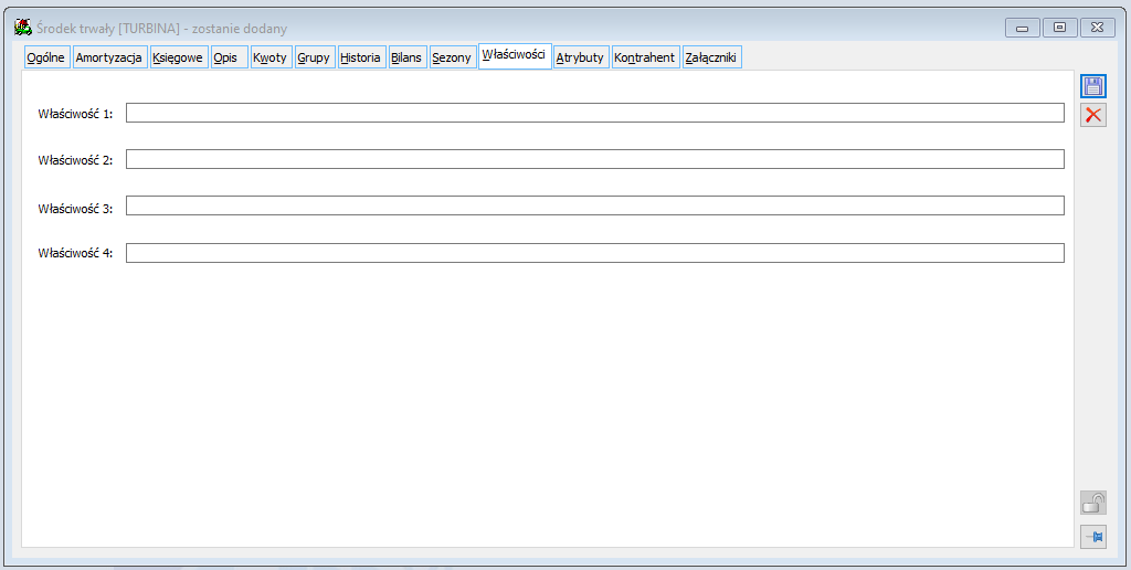 Środek trwały, zakładka: Właściwości.