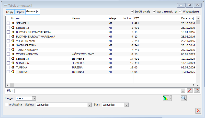 Tabela amortyzacji, zakładka: Generacja.