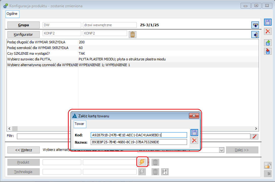 Okno z propozycją kodu i nazwy zakładanej karty towaru