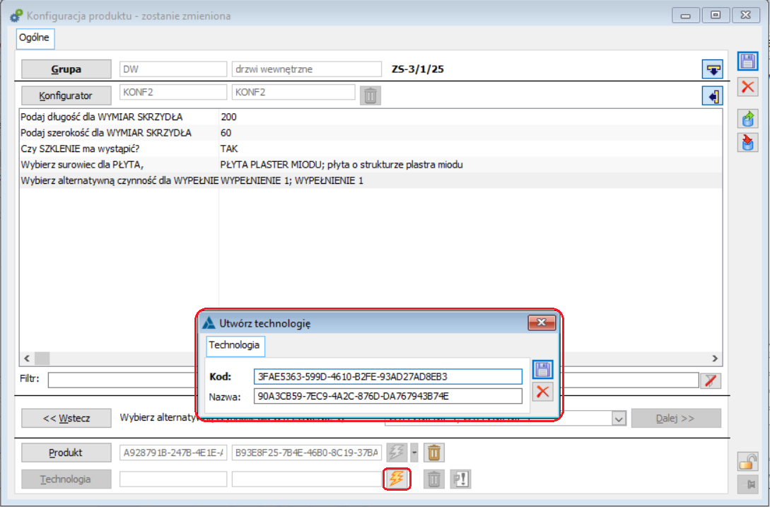 Okno z propozycją kodu i nazwy zakładanej technologii