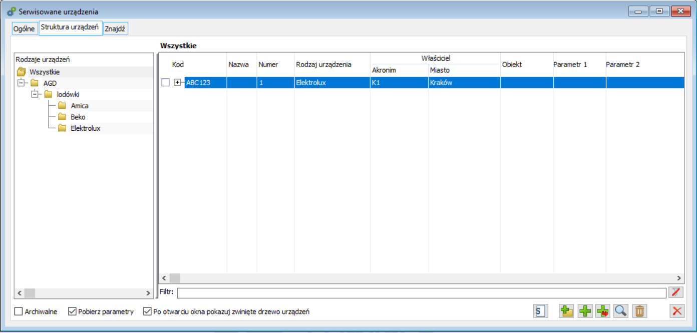 Lista urządzeń serwisowych, zakładka: Struktura urządzeń