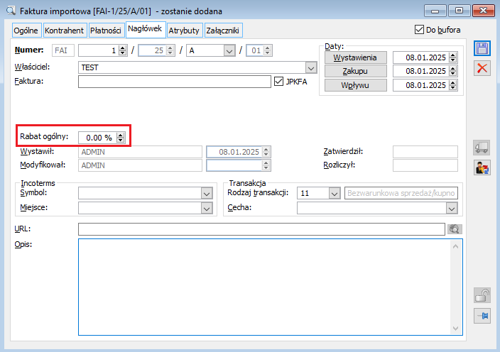 Pole 'Rabat ogólny:' na zakładce [Nagłówek} formatki dokumentu FAI.