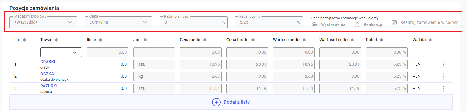 Nowe kontrolki w sekcji Pozycje zamówienia