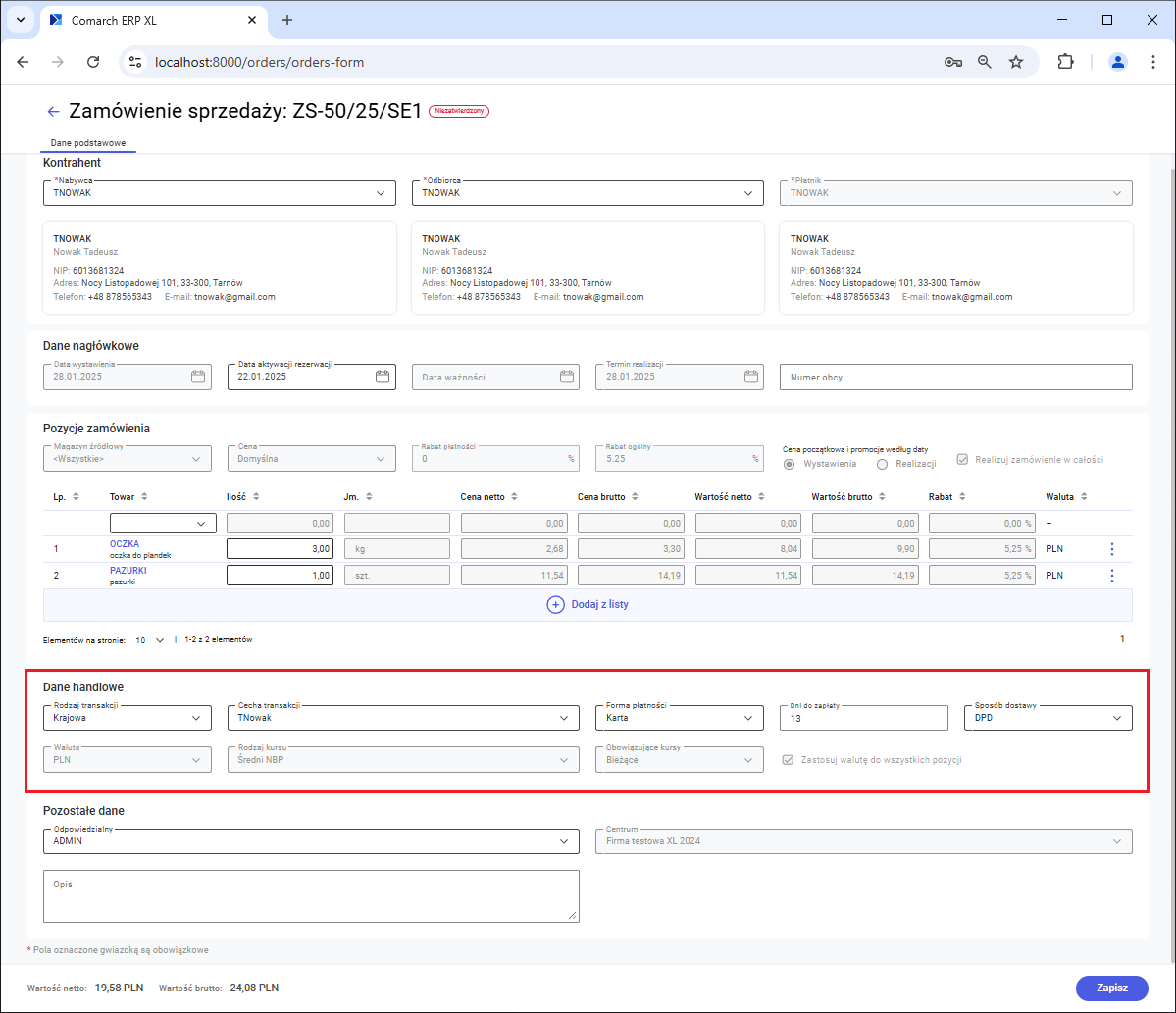 Sekcja Dane handlowe na formularzu zamówienia