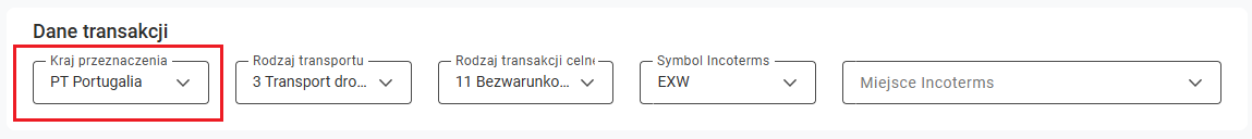 Kraj przeznaczenia w sekcji Dane transakcji