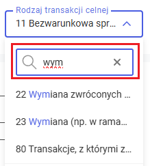 Wyszukiwanie rodzaju transakcji celnej