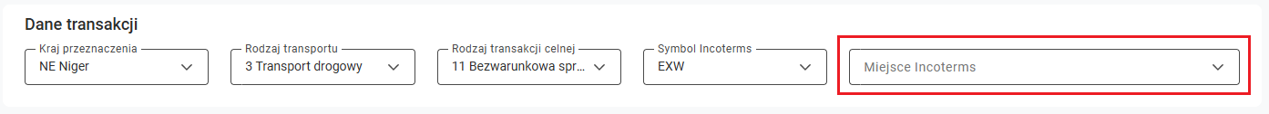 Miejsce Incoterms na formularzu zamówienia