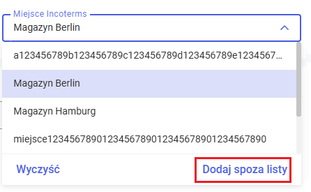 Dodawanie miejsca Incoterms spoza listy