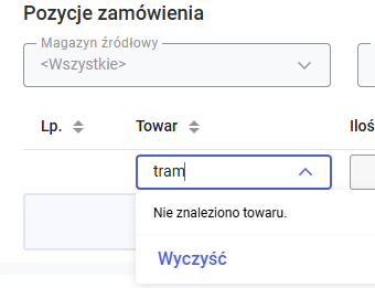  Brak na liście towaru o wprowadzonej wartości