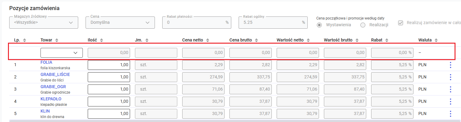  Wiersz do dodawania towaru na wypełnionej liście pozycji zamówienia