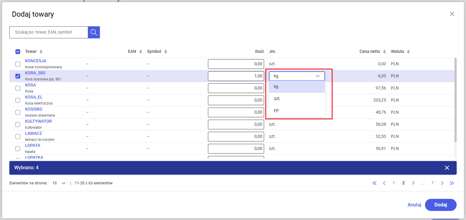  Wybór jednostki towaru