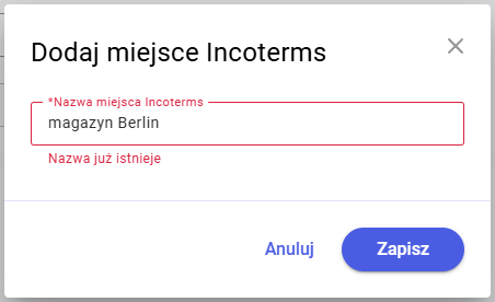 Walidacja wartości miejsca Incoterms