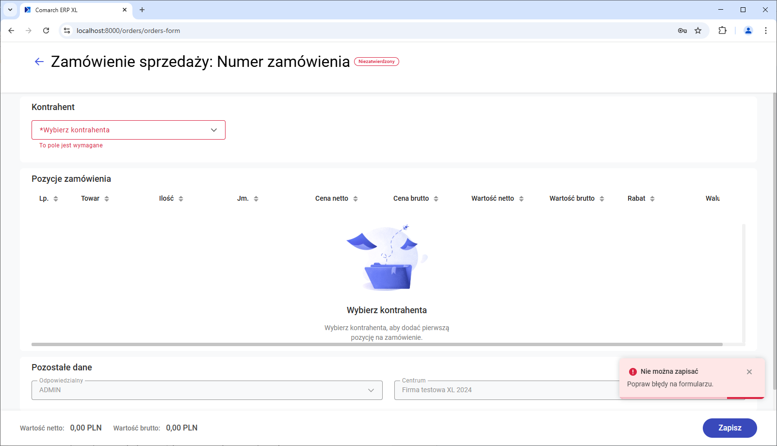  Walidacja podczas zapisywania zamówienia