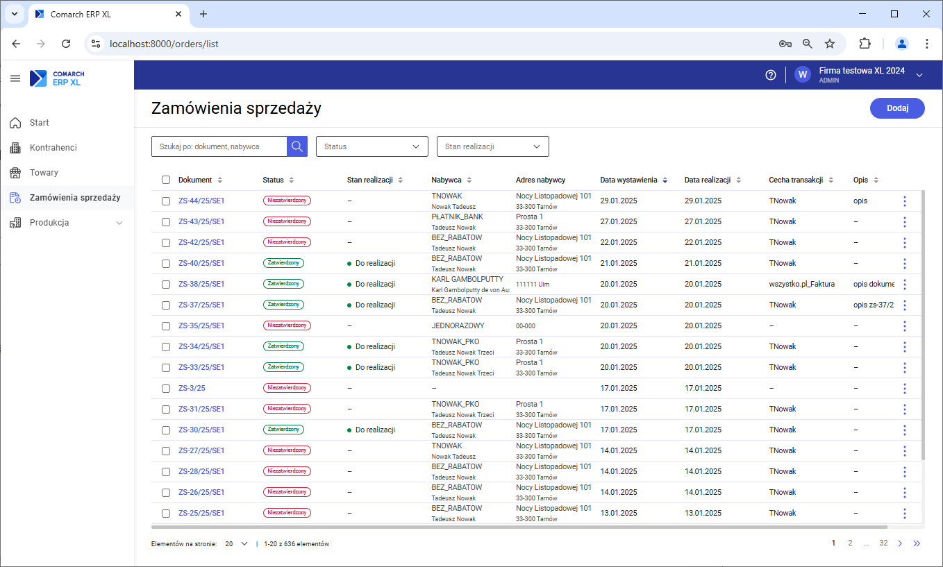 Lista zamówień sprzedaży