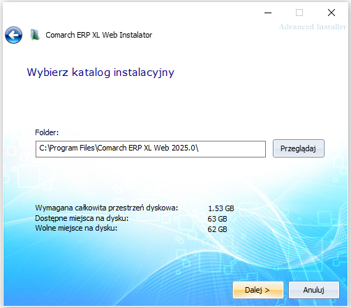 Comarch ERP XL Web Instalator - wybór katalogu instalacyjnego