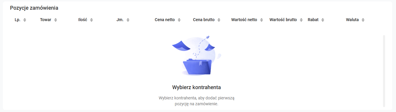  Sekcja Pozycje przed wybraniem kontrahenta