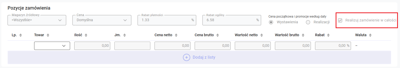 Parametr określający czy zamówienie ma być realizowane w całości