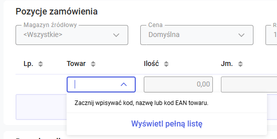 Dodanie pozycji przez wpisanie kodu lub EAN towaru