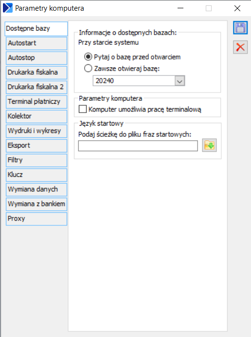 Parametry komputera, zakładka: Dostępne bazy