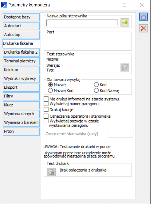 Parametry komputera, zakładka: Drukarka fiskalna