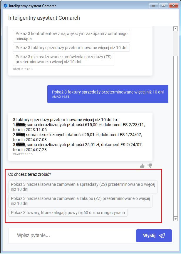 Sugestie kolejnych poleceń w trakcie rozmowy