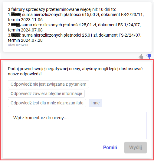 Propozycje przyczyn dla oceny negatywnej