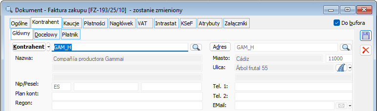 Dane kontrahenta i adresu z hiszpańskimi znakami diakrytycznymi prezentowane na formatce dokumentu
