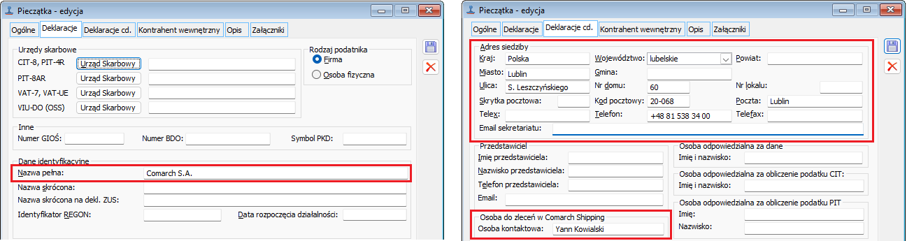 Dane nadawcy zlecenia na pieczątce firmy