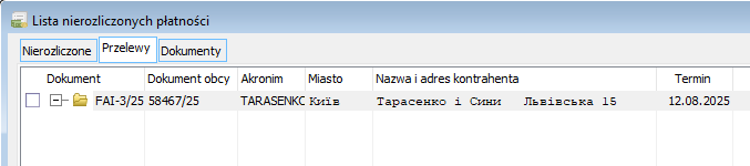 Lista nierozliczonych płatności zagranicznego kontrahenta