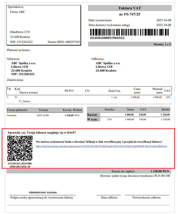 Kod QR i link weryfikacyjny KSeF na wydruku Faktury VAT [sPrint]