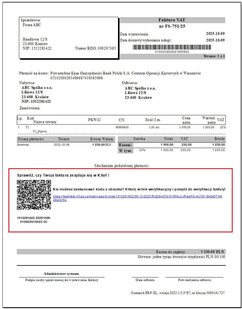 Kod QR i link weryfikacyjny KSeF na wydruku faktury sprzedaży w formacie Crystal Report