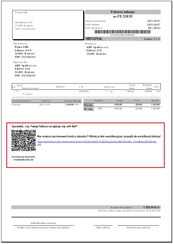 Kod QR i link weryfikacyjny KSeF na wydruku faktury zakupu