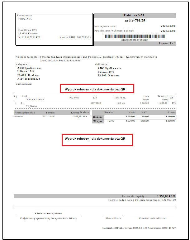 Dodatkowa adnotacja na wydruku faktury nie posiadającej kodu QR KSeF