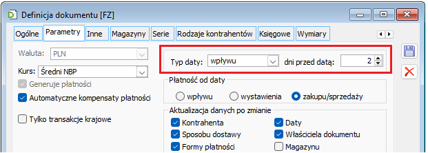 Definicja FZ: parametry z zakresu ustalania kursu bieżącego na dokumencie