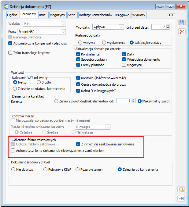 Parametry odliczania faktur zaliczkowych podczas rejestrowania (s)FZ