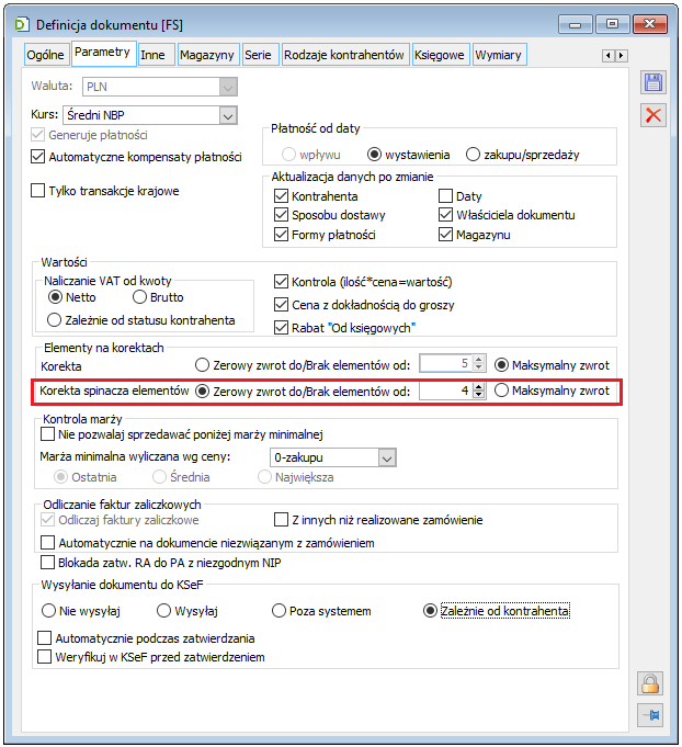 Definicja FS – parametryzacja generowania elementów na korekcie spinacza