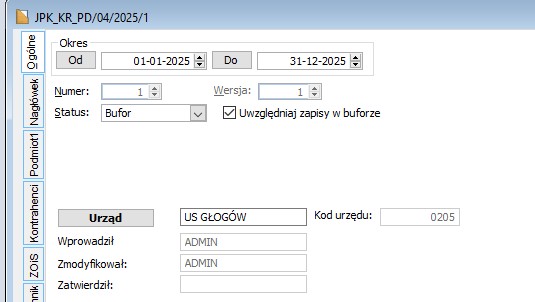 Zakładka Ogólne pliku JPK