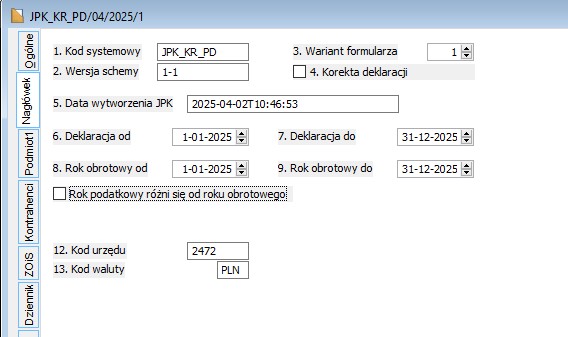 Zakładka Nagłówek pliku JPK