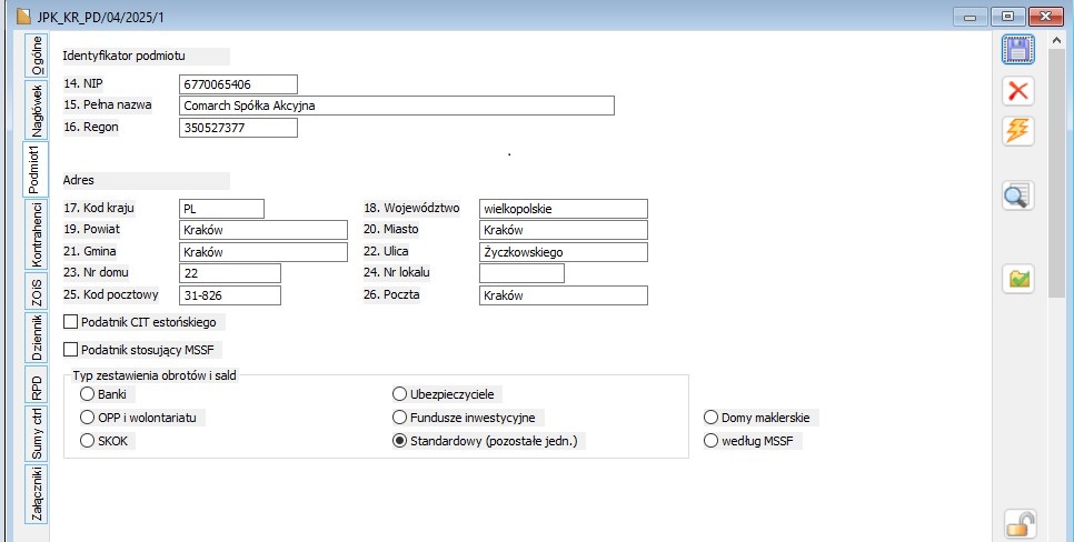 Zakładka Podmiot pliku JPK