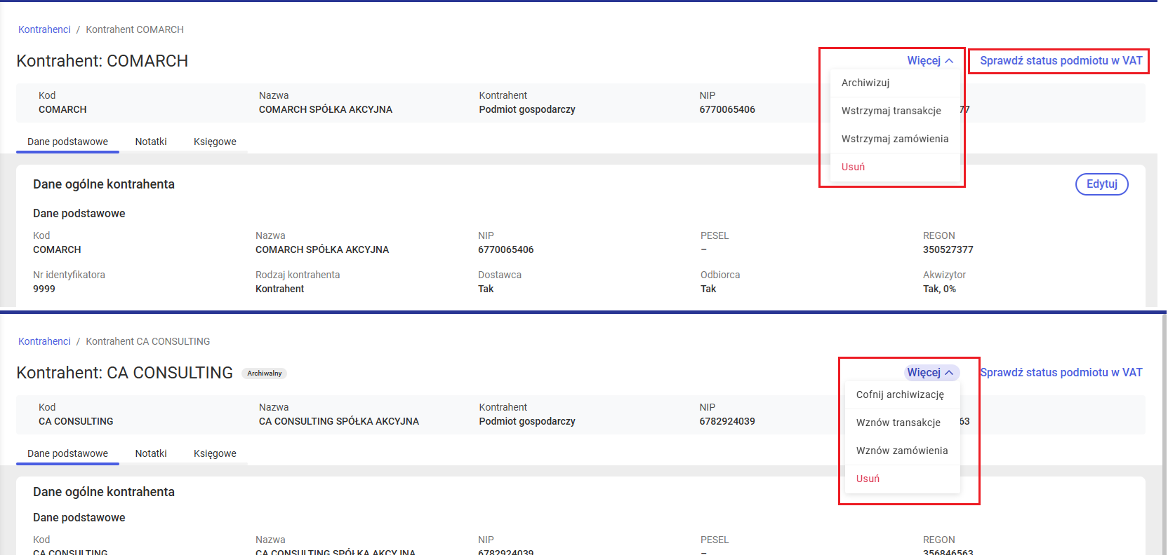 Operacje na kartotece kontrahenta