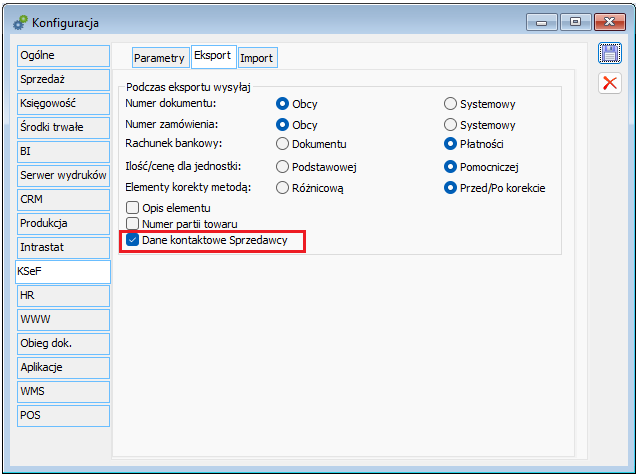 Parametryzacja wysyłania do KSeF danych kontaktowych Sprzedawcy