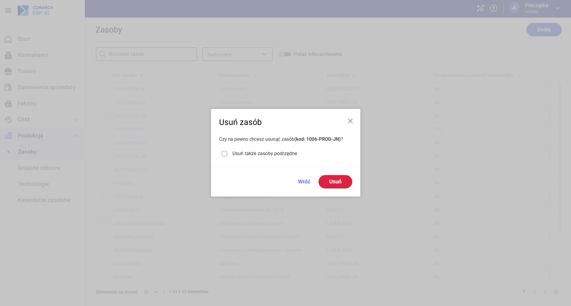 Potwierdzenie usunięcia zasobów