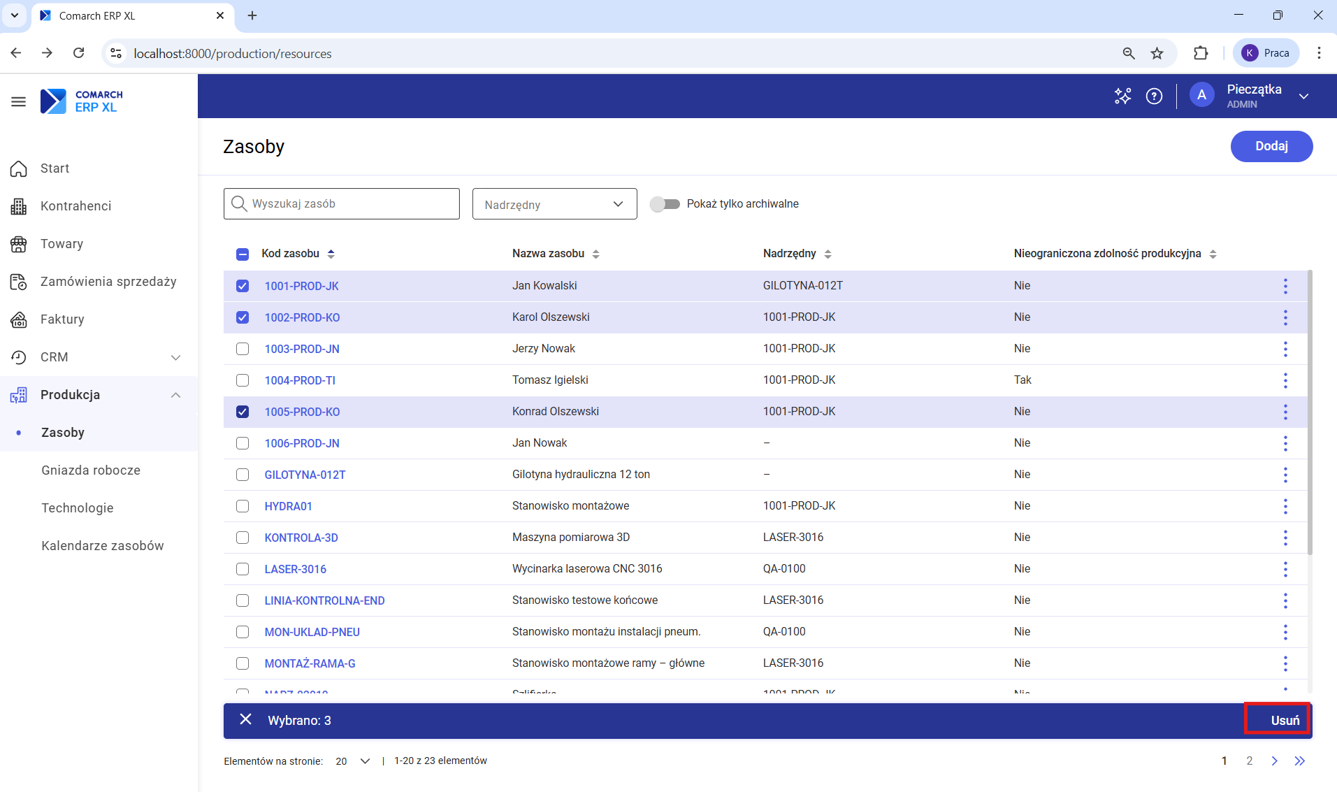 Usuwanie kilku zasobów