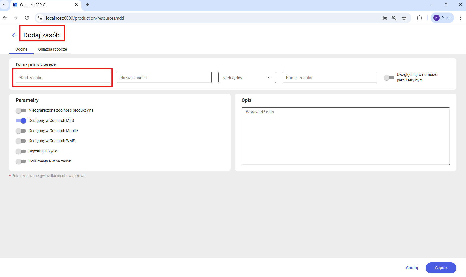 Formularz nowo dodawanego zasobu- zakładka Ogólne