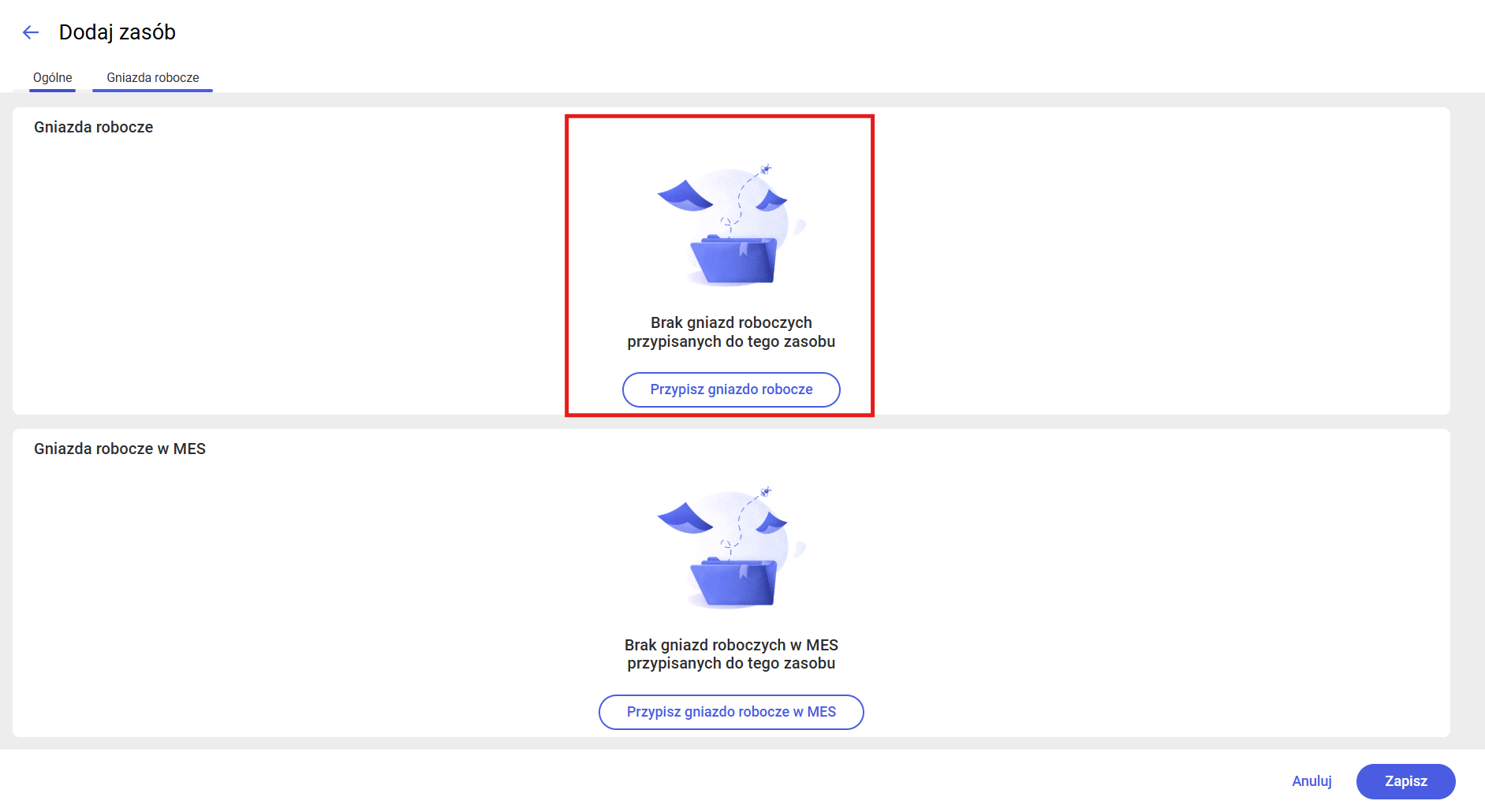 Formularz nowo dodawanego zasobu- zakładka Gniazda robocze